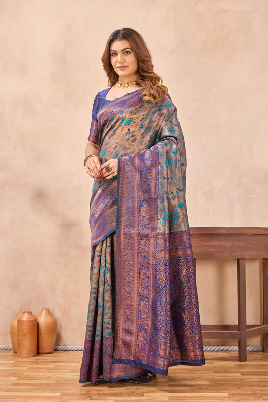 Divine International Trading Co Turquoise Blue Soft Silk Blend Banarasi Jacuard Work Designer Party Wear Saree With Unstitched Blouse Piece