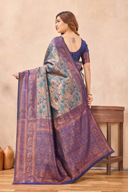 Divine International Trading Co Turquoise Blue Soft Silk Blend Banarasi Jacuard Work Designer Party Wear Saree With Unstitched Blouse Piece