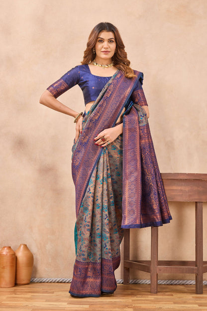 Divine International Trading Co Turquoise Blue Soft Silk Blend Banarasi Jacuard Work Designer Party Wear Saree With Unstitched Blouse Piece