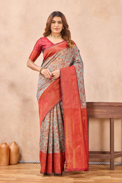 Divine International Trading Co Turquoise Red Soft Silk Blend Banarasi Jacuard Work Designer Party Wear Saree With Unstitched Blouse Piece
