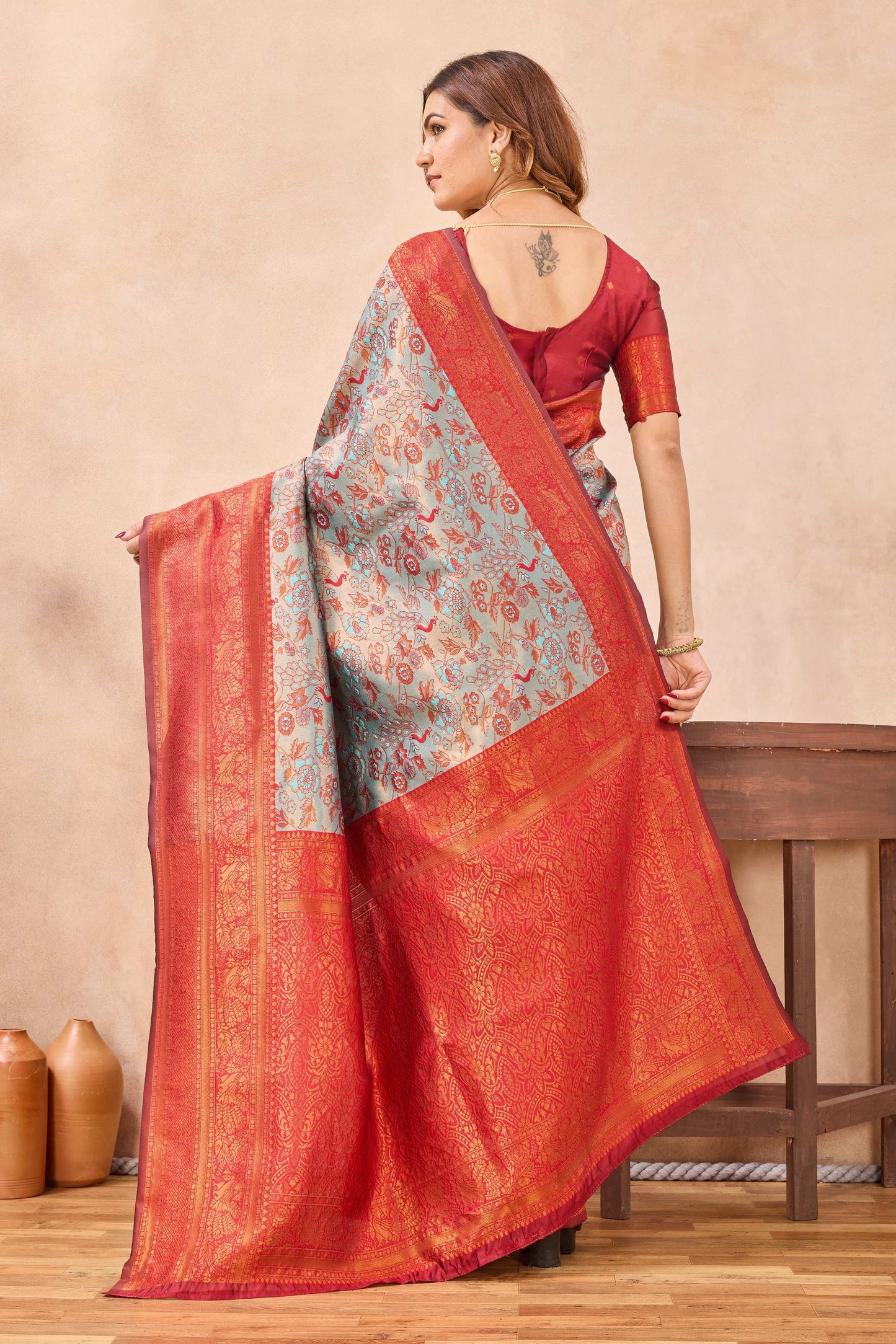 Divine International Trading Co Turquoise Red Soft Silk Blend Banarasi Jacuard Work Designer Party Wear Saree With Unstitched Blouse Piece