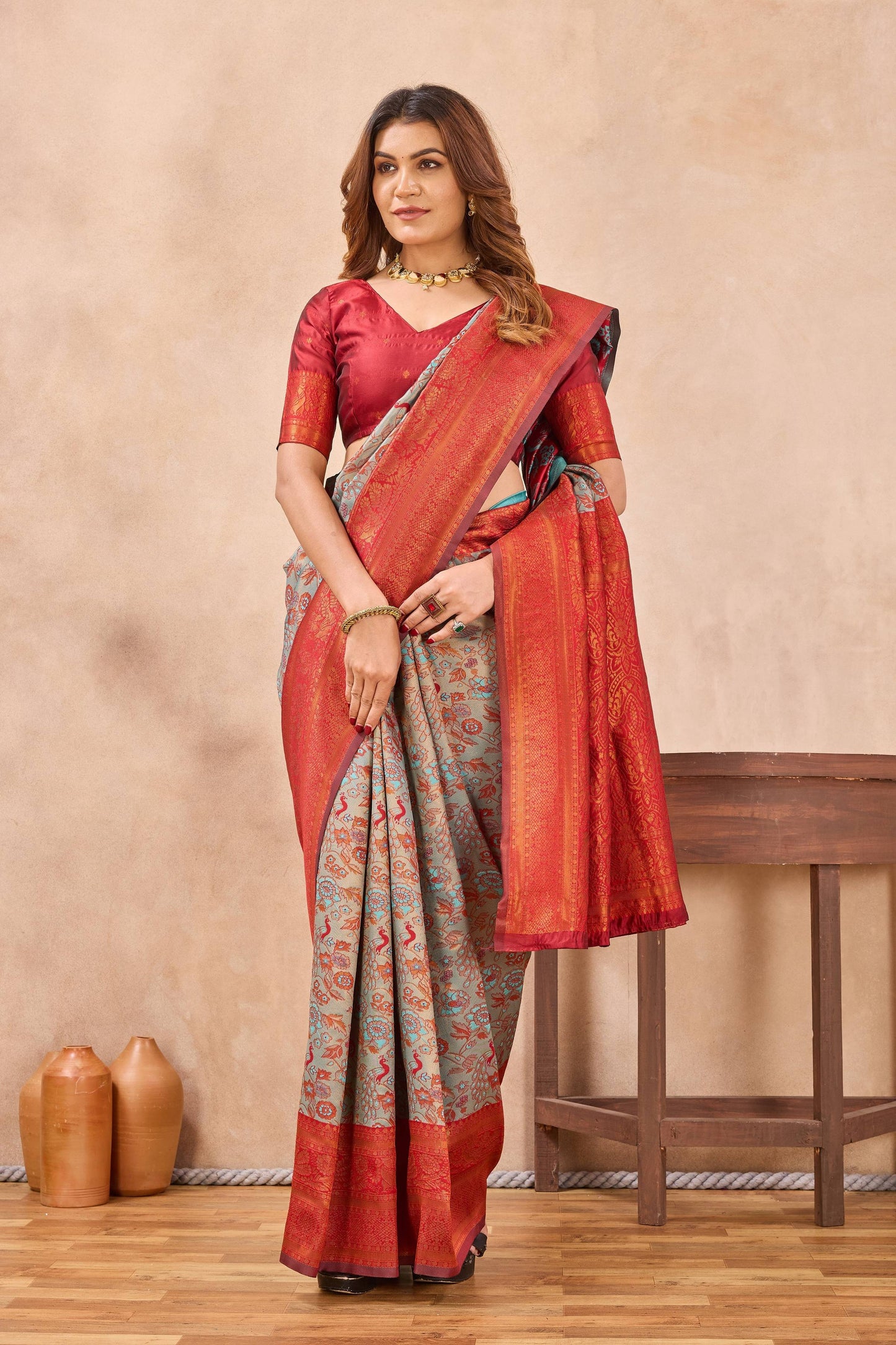 Divine International Trading Co Turquoise Red Soft Silk Blend Banarasi Jacuard Work Designer Party Wear Saree With Unstitched Blouse Piece
