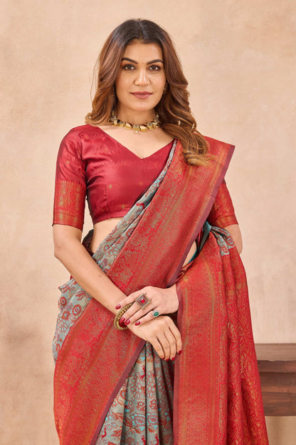 Divine International Trading Co Turquoise Red Soft Silk Blend Banarasi Jacuard Work Designer Party Wear Saree With Unstitched Blouse Piece