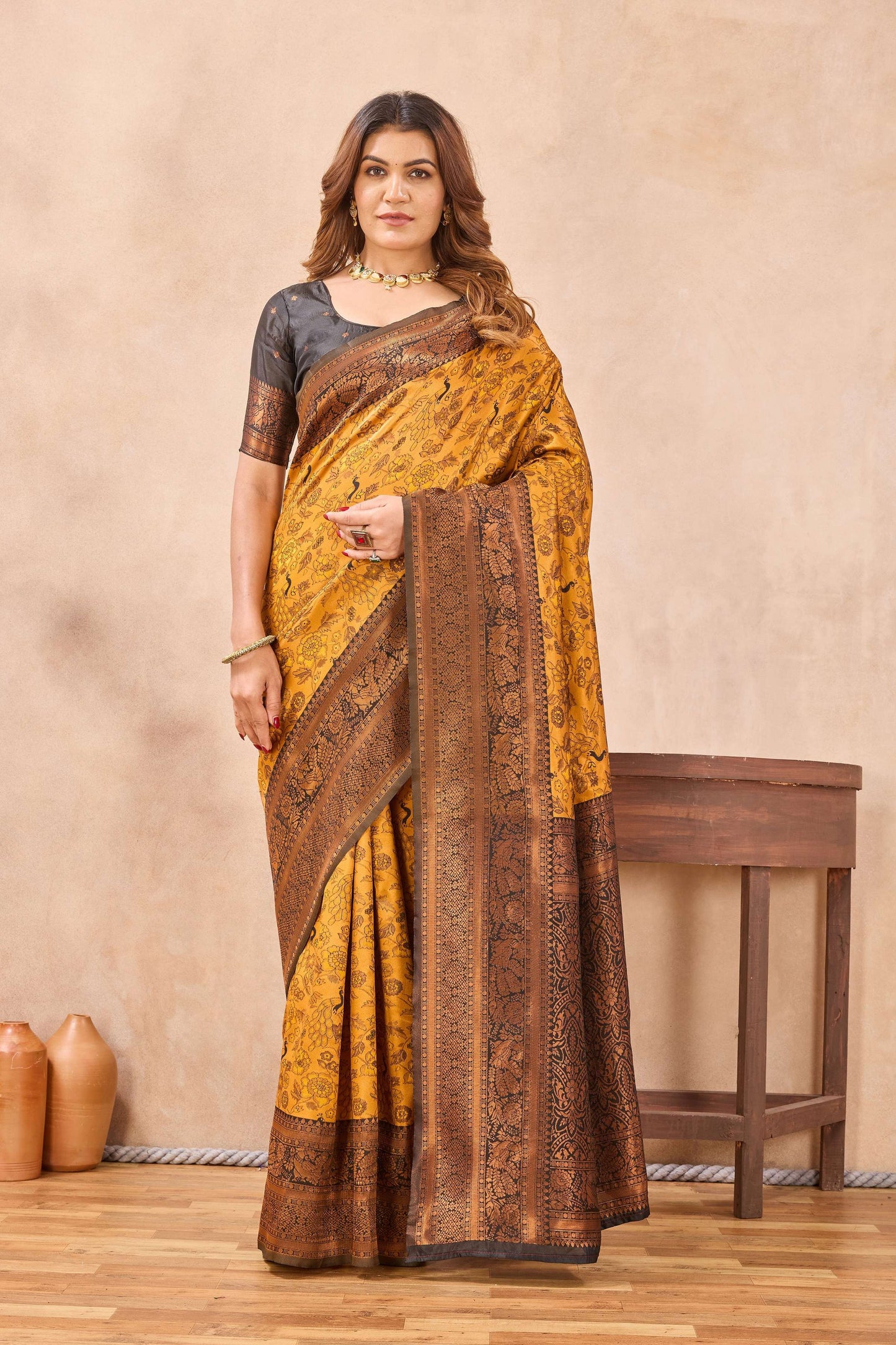 Divine International Trading Co Yellow Black Soft Silk Blend Banarasi Jacuard Work Designer Party Wear Saree With Unstitched Blouse Piece
