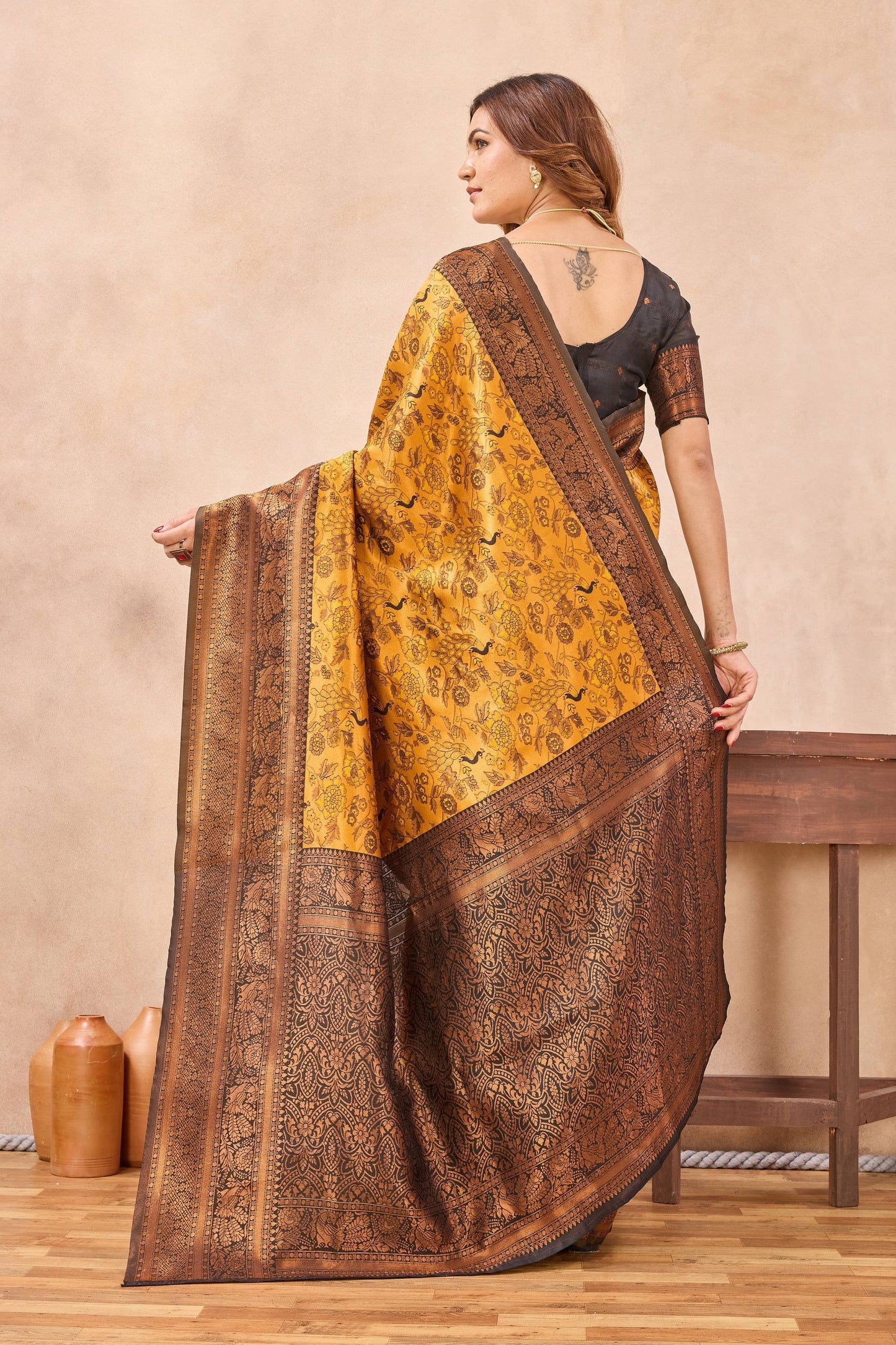 Divine International Trading Co Yellow Black Soft Silk Blend Banarasi Jacuard Work Designer Party Wear Saree With Unstitched Blouse Piece