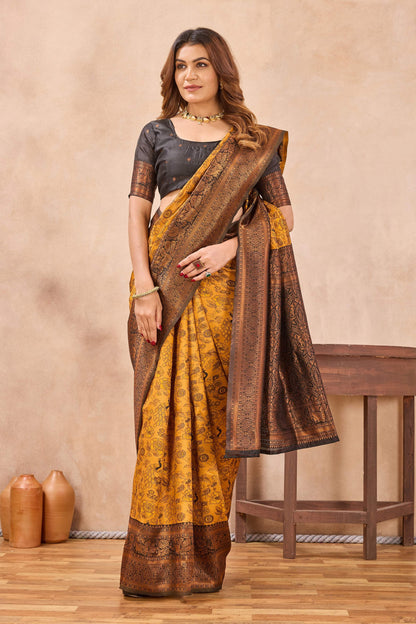 Divine International Trading Co Yellow Black Soft Silk Blend Banarasi Jacuard Work Designer Party Wear Saree With Unstitched Blouse Piece
