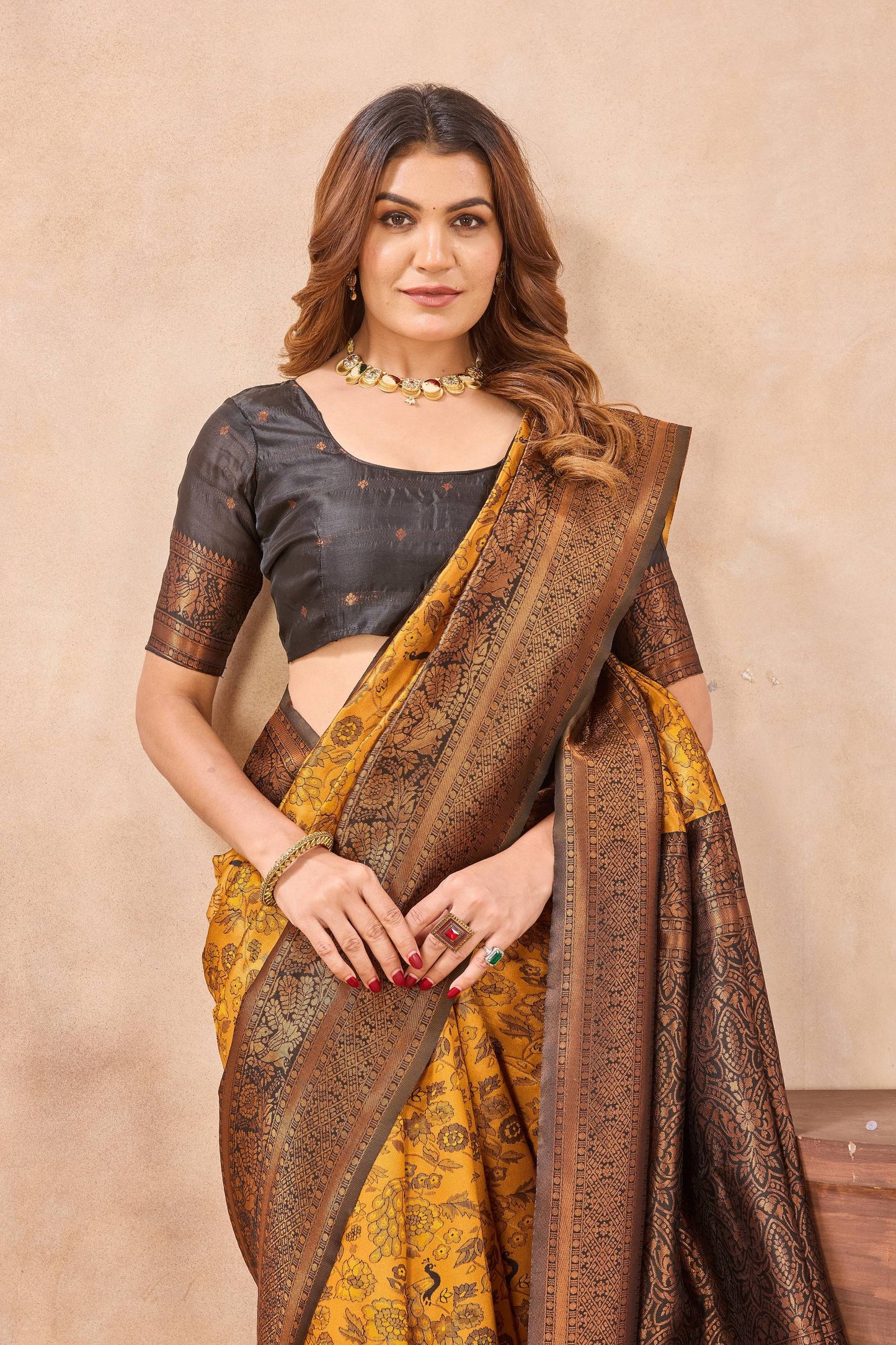 Divine International Trading Co Yellow Black Soft Silk Blend Banarasi Jacuard Work Designer Party Wear Saree With Unstitched Blouse Piece