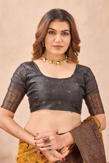 Divine International Trading Co Yellow Black Soft Silk Blend Banarasi Jacuard Work Designer Party Wear Saree With Unstitched Blouse Piece
