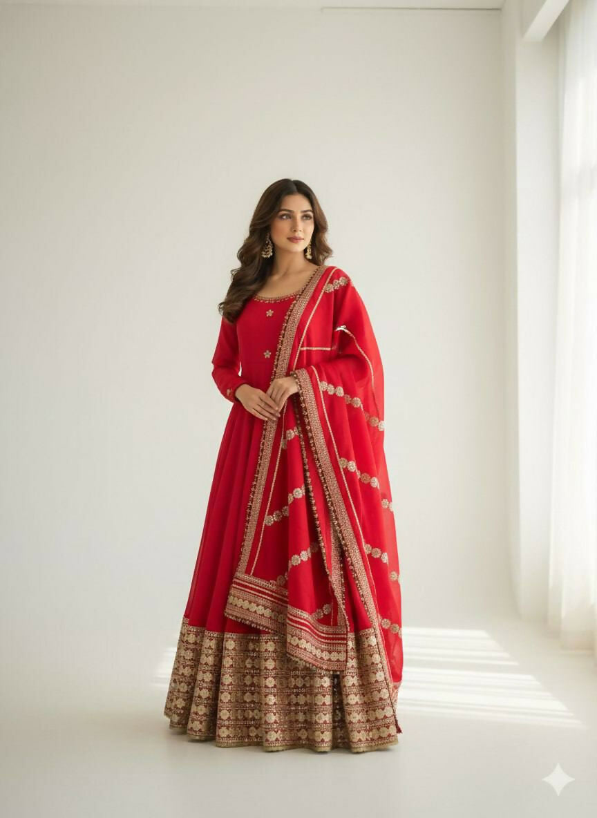 Teeya Creation Womens New Fancy Silk Heavy Quality Fabricwith Handwork Red Gown Set