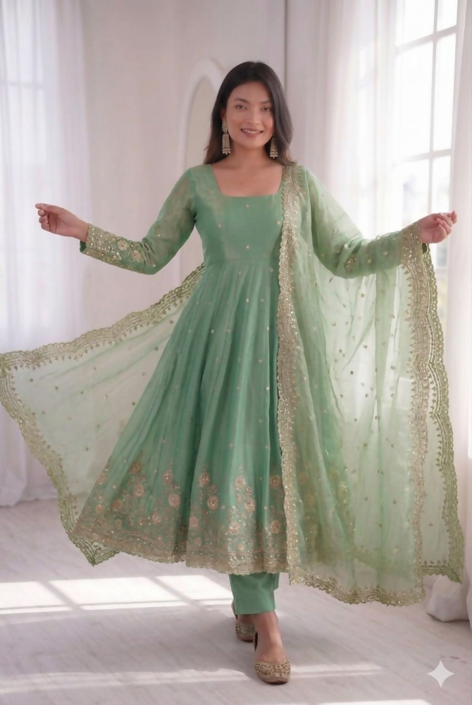 Teeya Creation Womens New Latest Trendy Elegant Pista Embroidered Anarkali Suit Set with Scalloped Dupatta