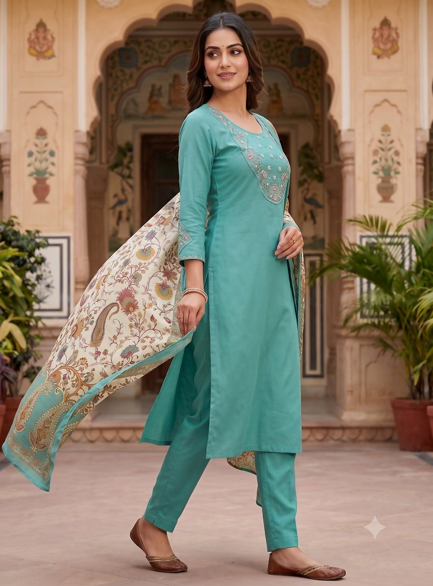 Teeya Creation Women Sky Green Embroidered Kurta Set With Dupatta