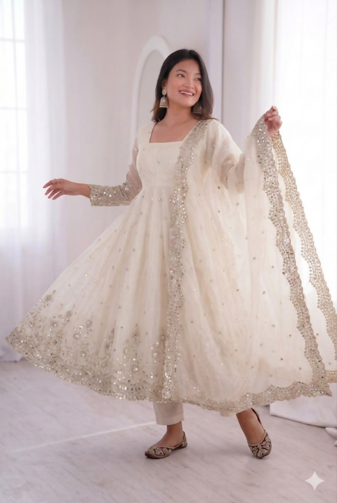 Teeya Creation Womens New Latest Trendy Elegant White Embroidered Anarkali Suit Set with Scalloped Dupatta