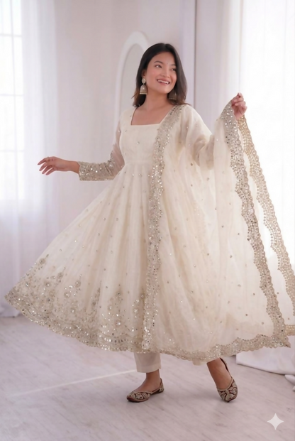 Teeya Creation Womens New Latest Trendy Elegant White Embroidered Anarkali Suit Set with Scalloped Dupatta