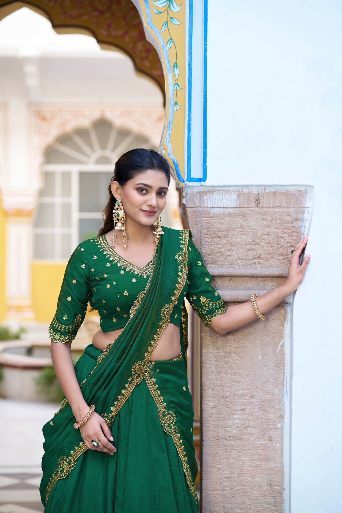 Lorenvalley Fashion Green NC Silk Plain Lehenga Embroidery Work Choli with Dupatta