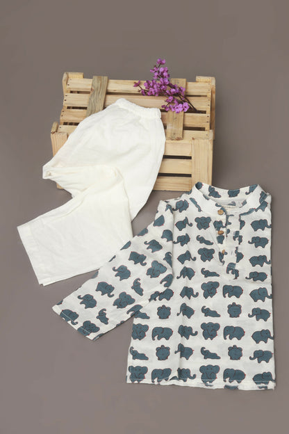 Breathables Kids Cotton Night Suit  White Elephant Print Kurta & Pyjama Co-Ord Set For Boys & Girls