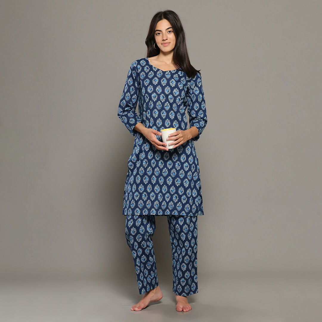 Breathables Blue Women Cotton Printed Loungewear Kurta And Pants Co-Ord Set I Night Wear | Butta Print