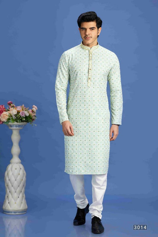 Raivat Ethnic Cotton Embroidery Kurta Pajama In Sea Green Colour