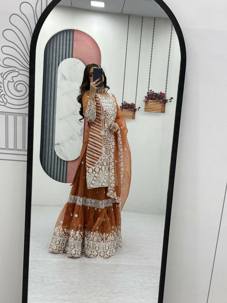Teeya Creation Womens New Trendy Heavy Embroidery Sequence Work Orange Kurta Set