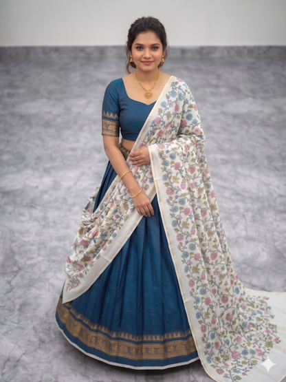 Teeya Creation Womens New Trendy Teal Blue Traditional Pleated Lehenga Choli Set with Floral Printed Dupatta and Contrast Zari Border Set