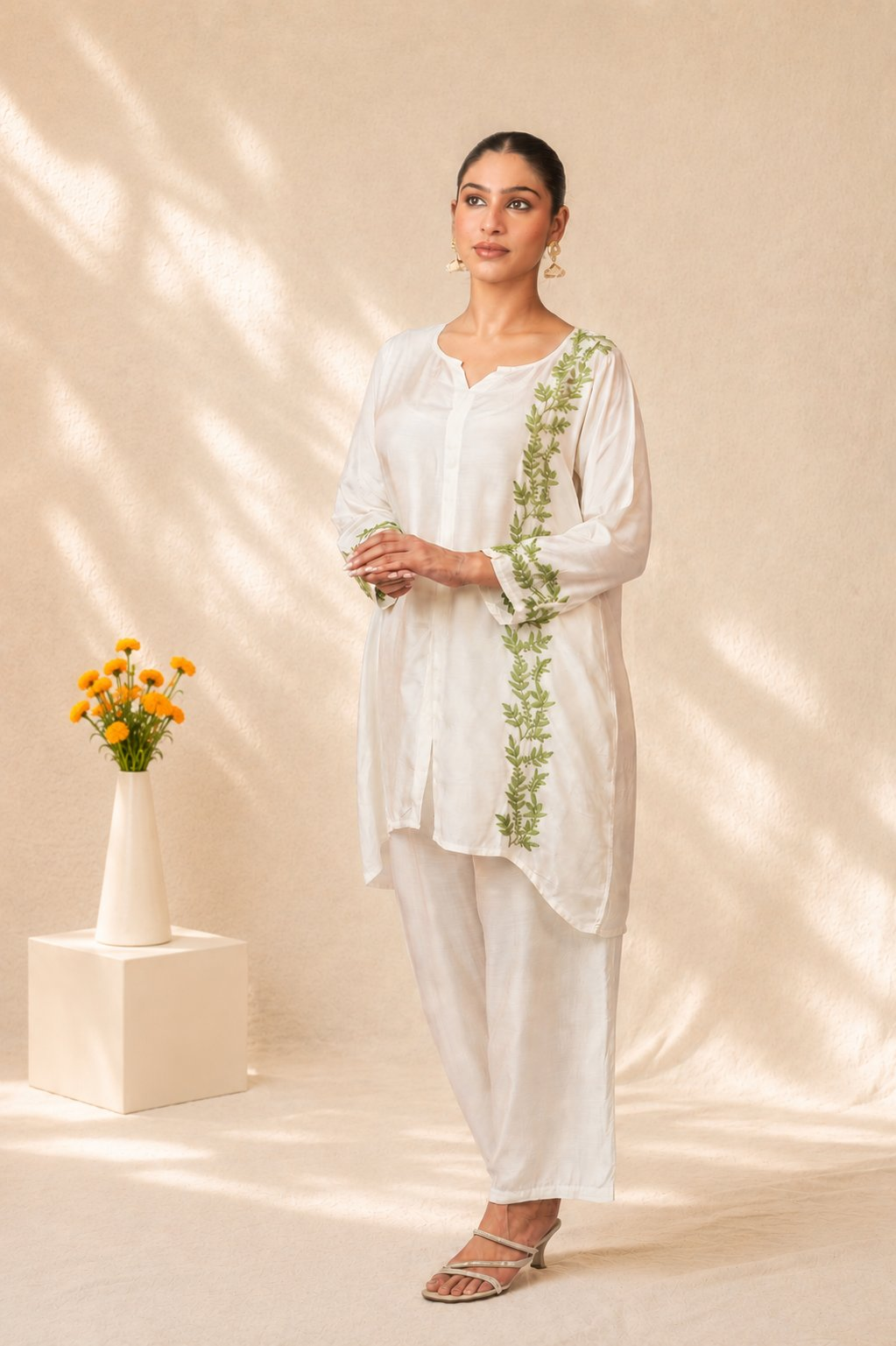 Gharana India Natural Muslin Green Leaf Pattern Short Kurta Set