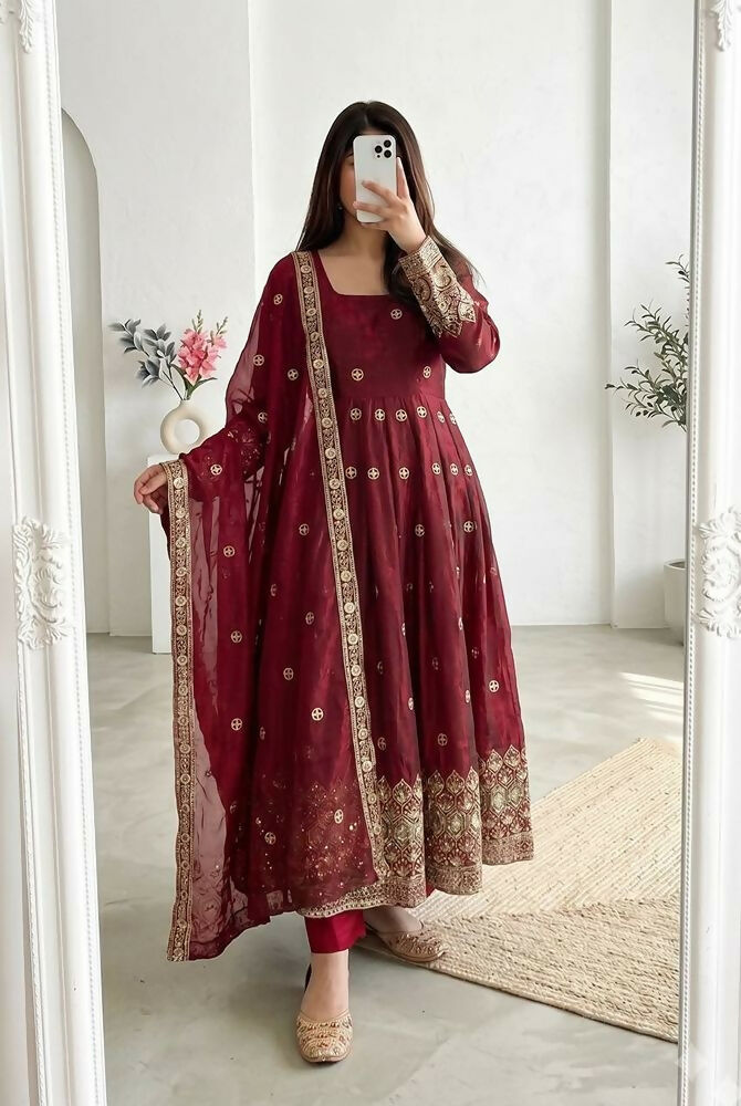 Teeya Creation New Latest Trendy Elegant Maroon Festive Anarkali Suit for Women