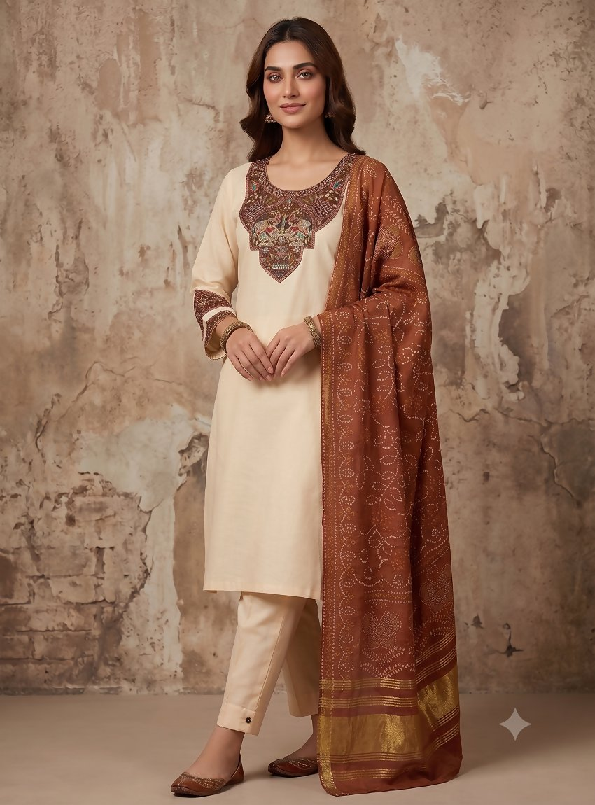 Teeya Creation Women Cream Embroidered Straight Kurta With Rust Bandhani Dupatta And Pant Set
