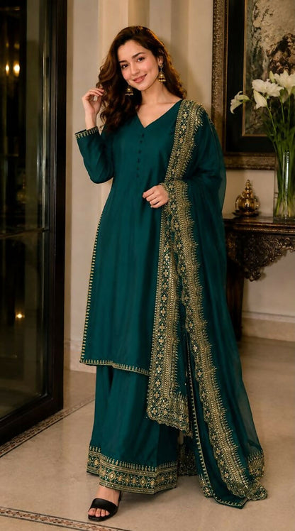 Teeya Creation New Latest Stylish Classic Rama Festive Kurta Set with Gold Zari Border Palazzo and Dupatta