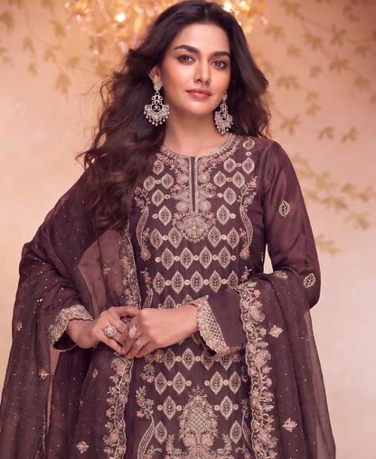 KC Heavy Embroidery Worked Two Ton Moss Silk Purple Suit For Women