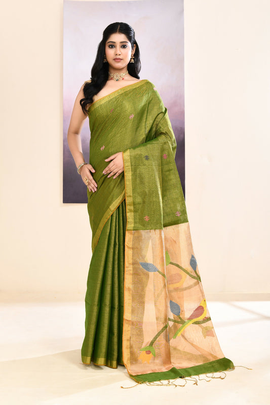 Piyari Fashion Women's Olive Embellished Tissue Jamdani Saree