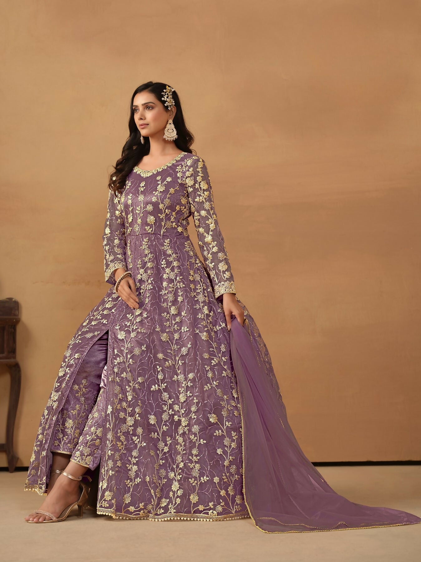 Anaita Purple Embroidered Net Anarkali Suit