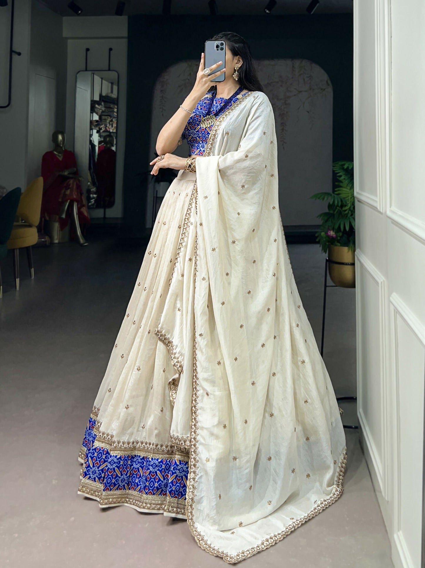 Lorenvalley Fashion White Vichitra Silk Sequins and Thread Embroidery Work Lehenga Choli with Dupatta