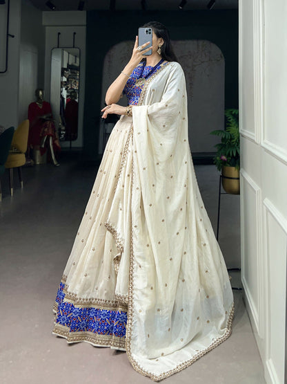 Lorenvalley Fashion White Vichitra Silk Sequins and Thread Embroidery Work Lehenga Choli with Dupatta