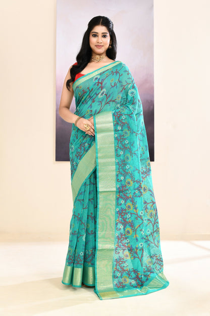 Piyari Fashion Women's Turquoise Embellished Cotton Blend Printed Saree