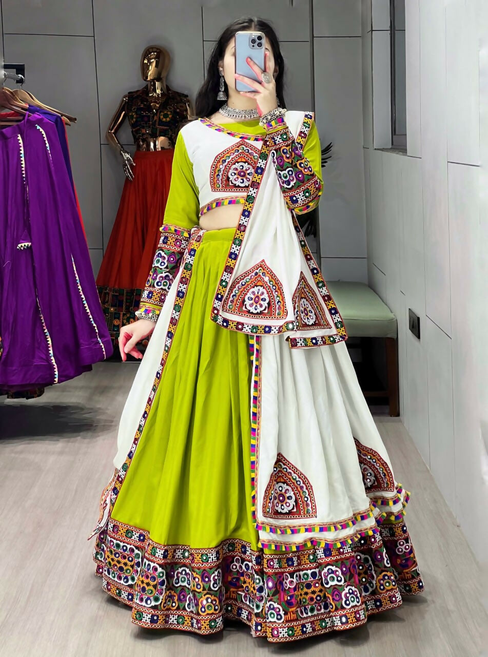 Yash Enterprise Green White Rayon Cotton Embroidery Semi Stitched Navratri Top Chaniya Choli