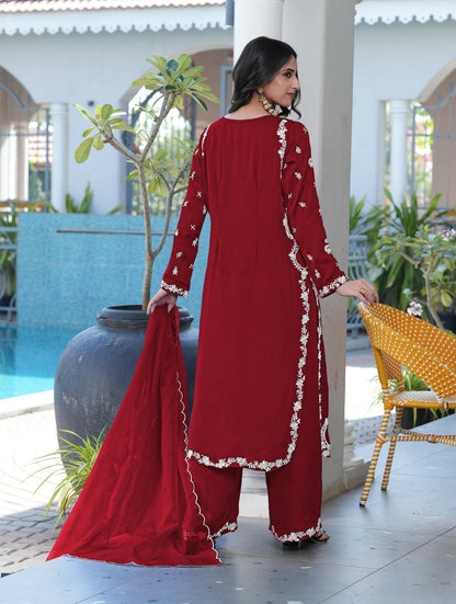 Nikhaar Maroon Embroidered Modal Silk Stitched Straight Cut Kurta Culottes Dupatta Readymade Suit