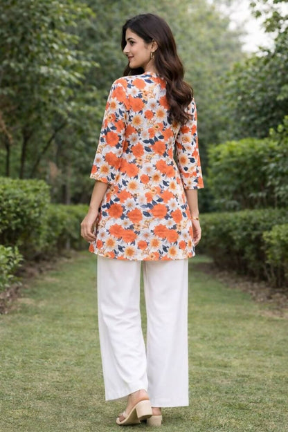 Teeya Creation Womens New Trendy Orange Flower Floral Printed Short Kurti with Beige Palazzo Set
