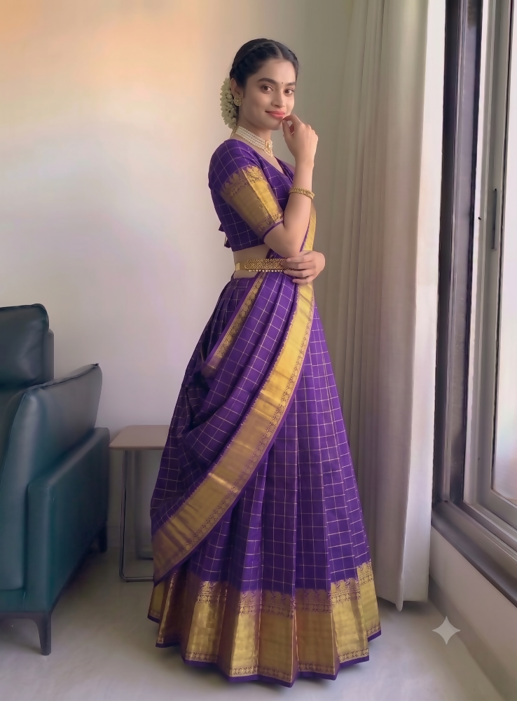 Teeya Creation Royal Purple Checkered Silk Lehenga Choli with Rich Gold Zari Border