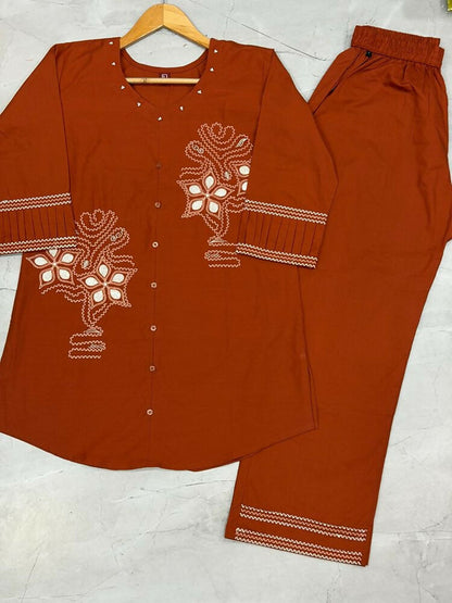 Teeya Creation Orange Embroidered Cotton Co-ord Set for Women