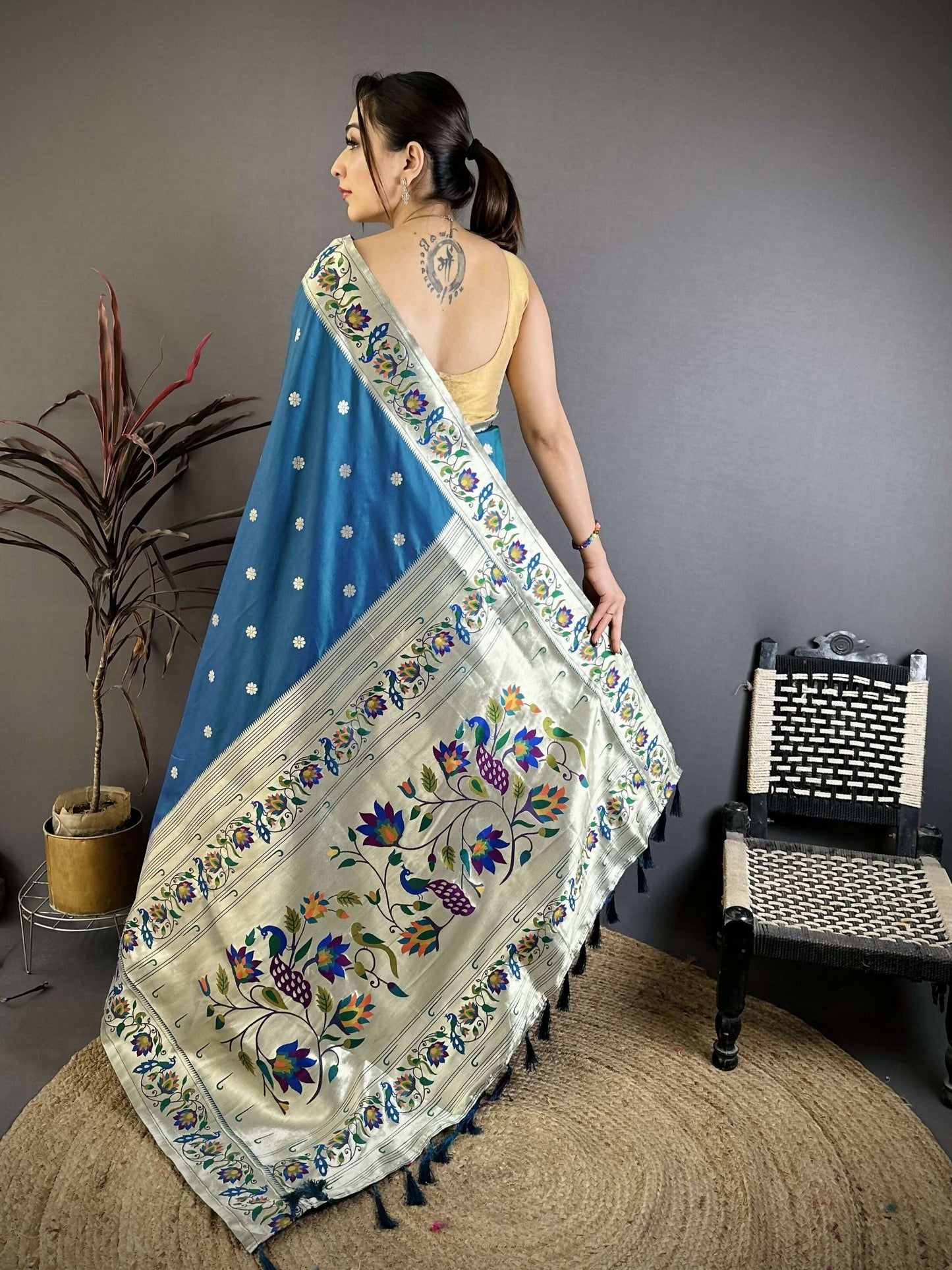 Prime Volt Premium Soft Silk Mayur Paithani Saree with Peacock Meena Weaving & Rich Pallu-Peacock Blue