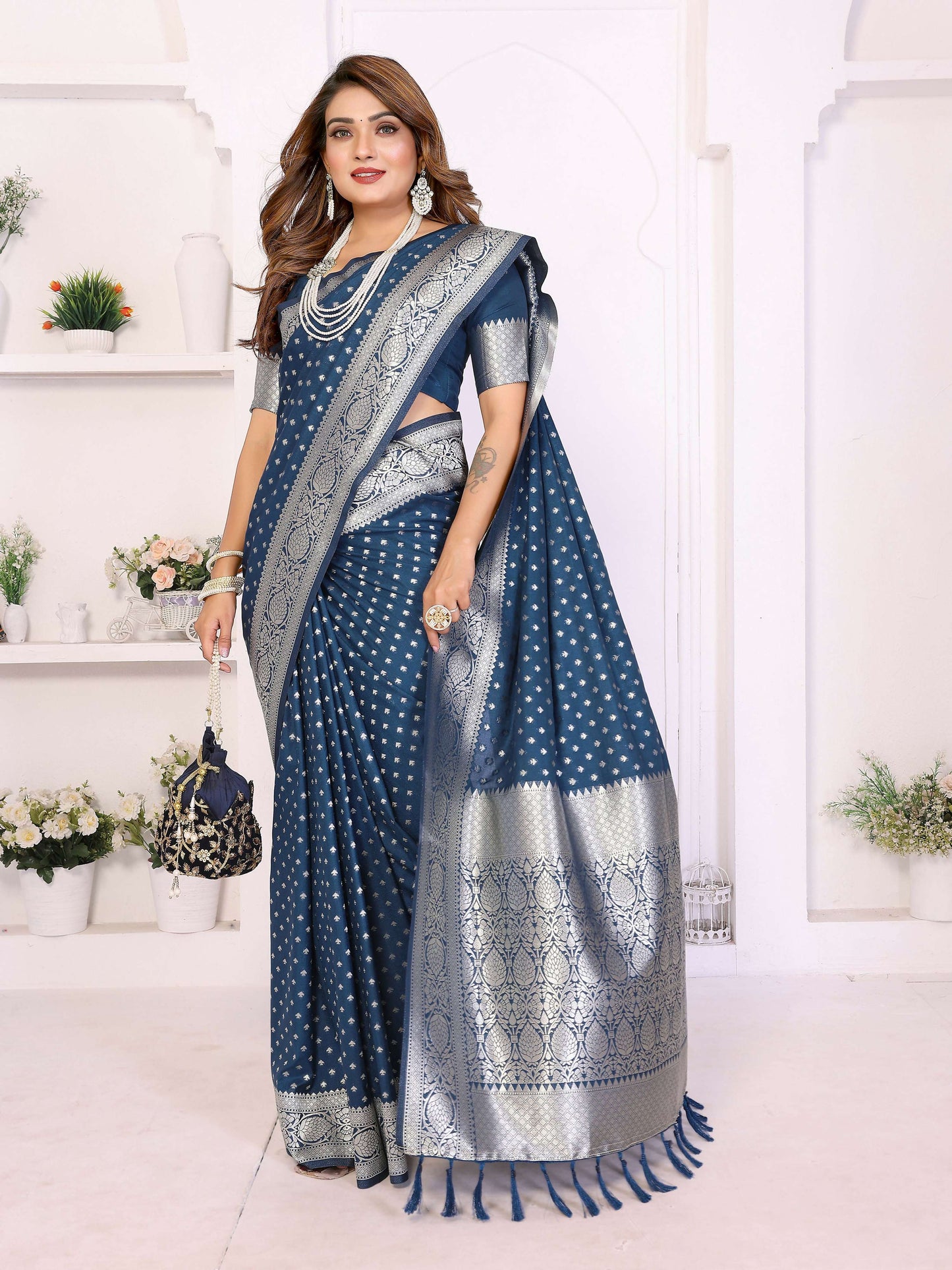 Aastha Fashion Navy Blue Georgette Silk Zari Weaving Saree