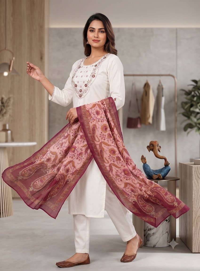 Teeya Creation Women White Embroidered Kurta Pant Set With Dupatta