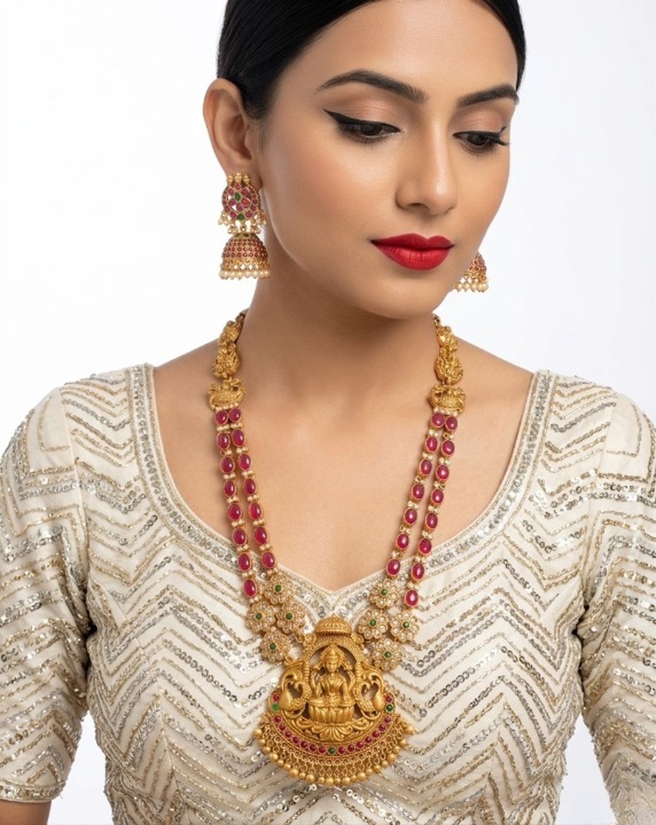 Jewel City Women's Traditional Lakshmi Temple Necklace Set With Earrings Gold-Plated Ethnic Jewelry Handcrafted For Weddings & Festivals