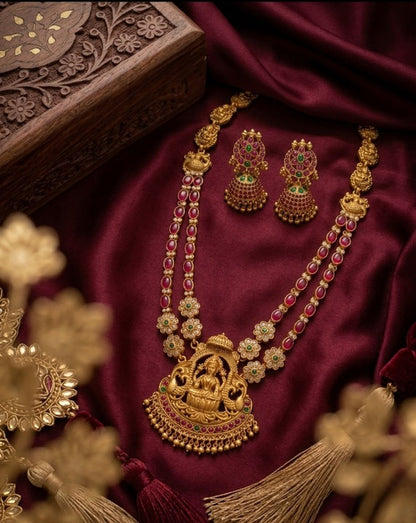 Jewel City Women's Traditional Lakshmi Temple Necklace Set With Earrings Gold-Plated Ethnic Jewelry Handcrafted For Weddings & Festivals