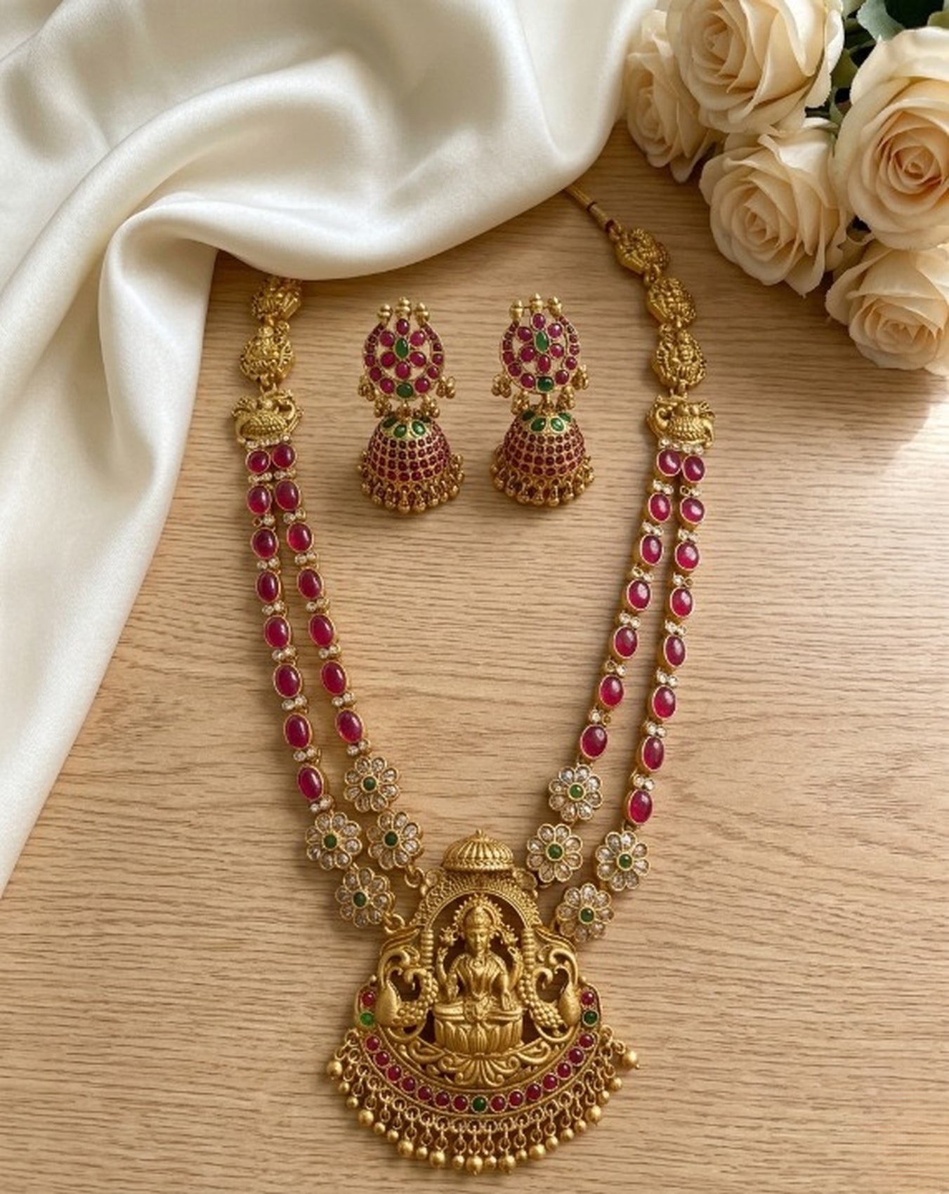 Jewel City Women's Traditional Lakshmi Temple Necklace Set With Earrings Gold-Plated Ethnic Jewelry Handcrafted For Weddings & Festivals