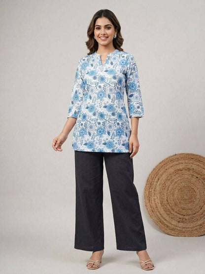 Teeya Creation Womens New Trendy Blue Floral Printed Short Kurti with Beige Palazzo Set