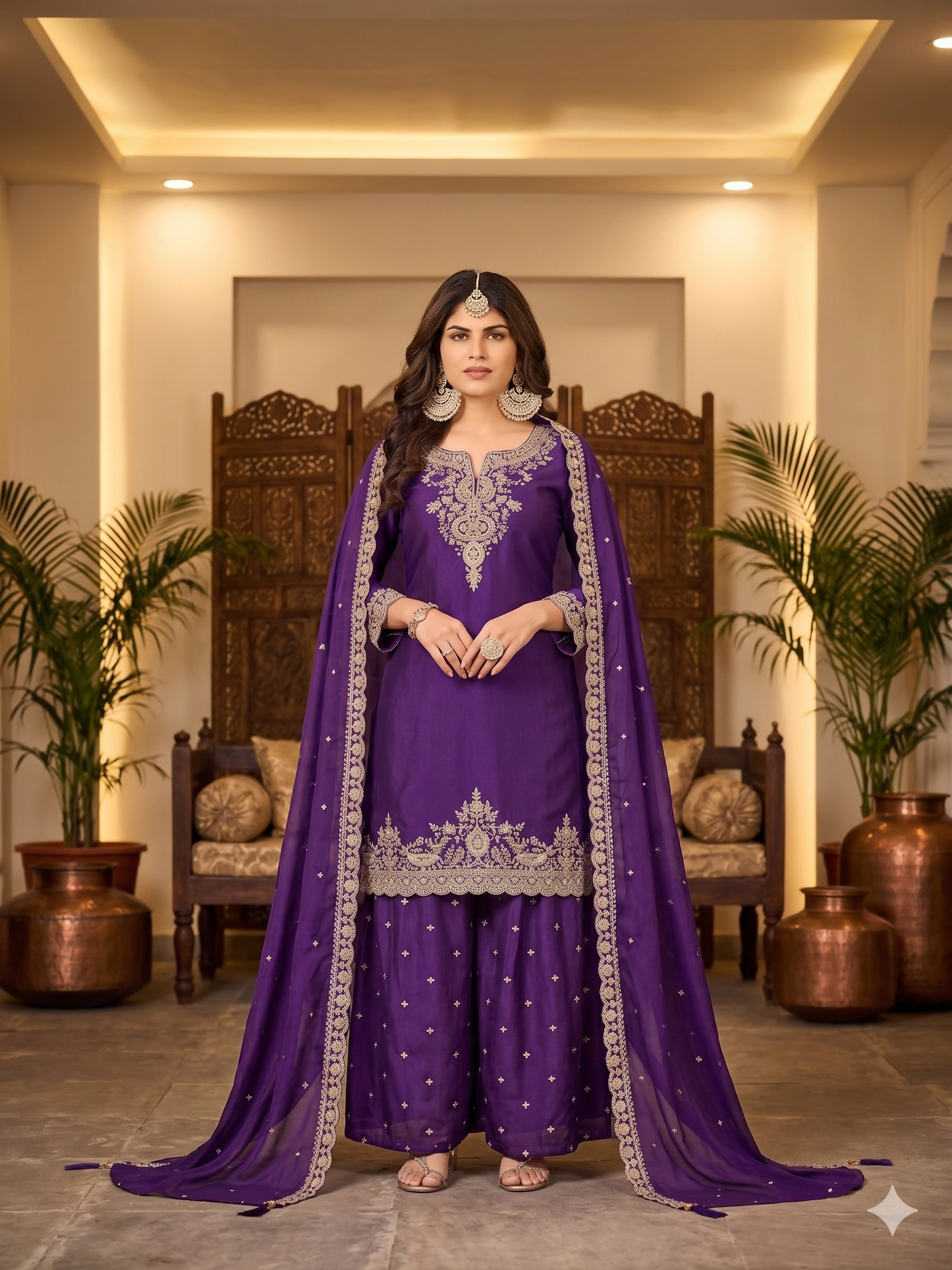 Teeya Creation Womens New Stylish Silk Embroidered Purple Sharara Suit With Golden Zari Work And Lace Border Dupatta