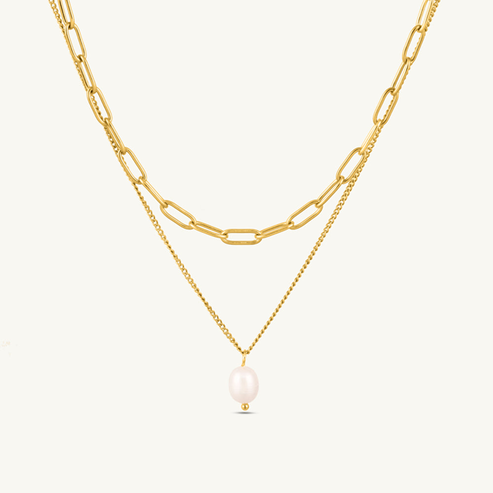 Layered Chain Necklace with Pearl Drop