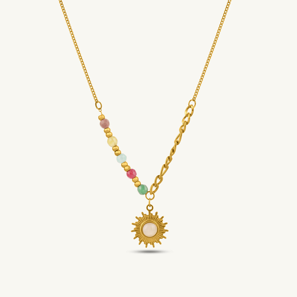 Gold Sunburst Pendant Necklace with Multicolor Beads