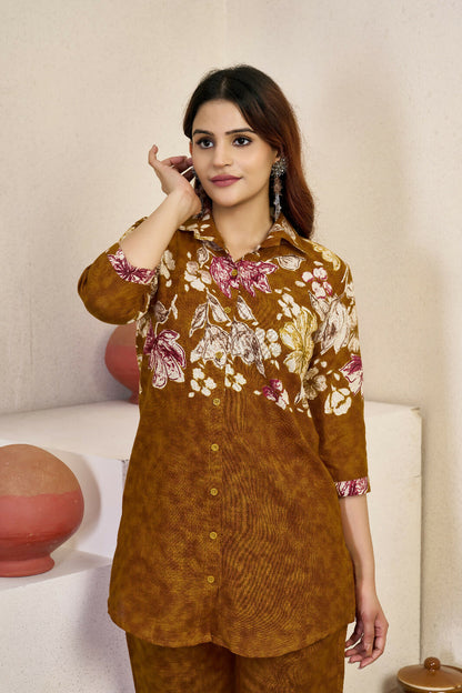 Teeya Creation Women Mustard Yellow Floral Printed Shirt And Trousers Co-Ord Set