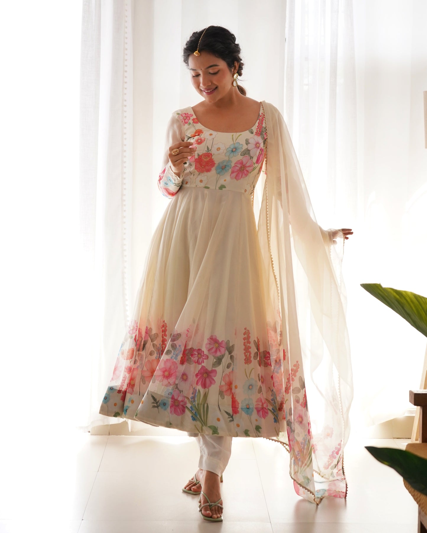 Lehenga Mart Designer Anarkali Suit With Kurta Pant Dupatta For Women-Cream